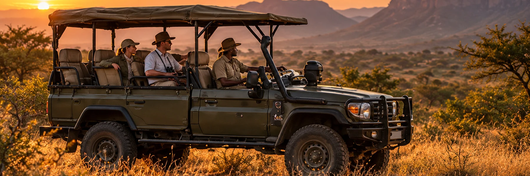 Guests and a guide on an open game drive vehicle at sunrise