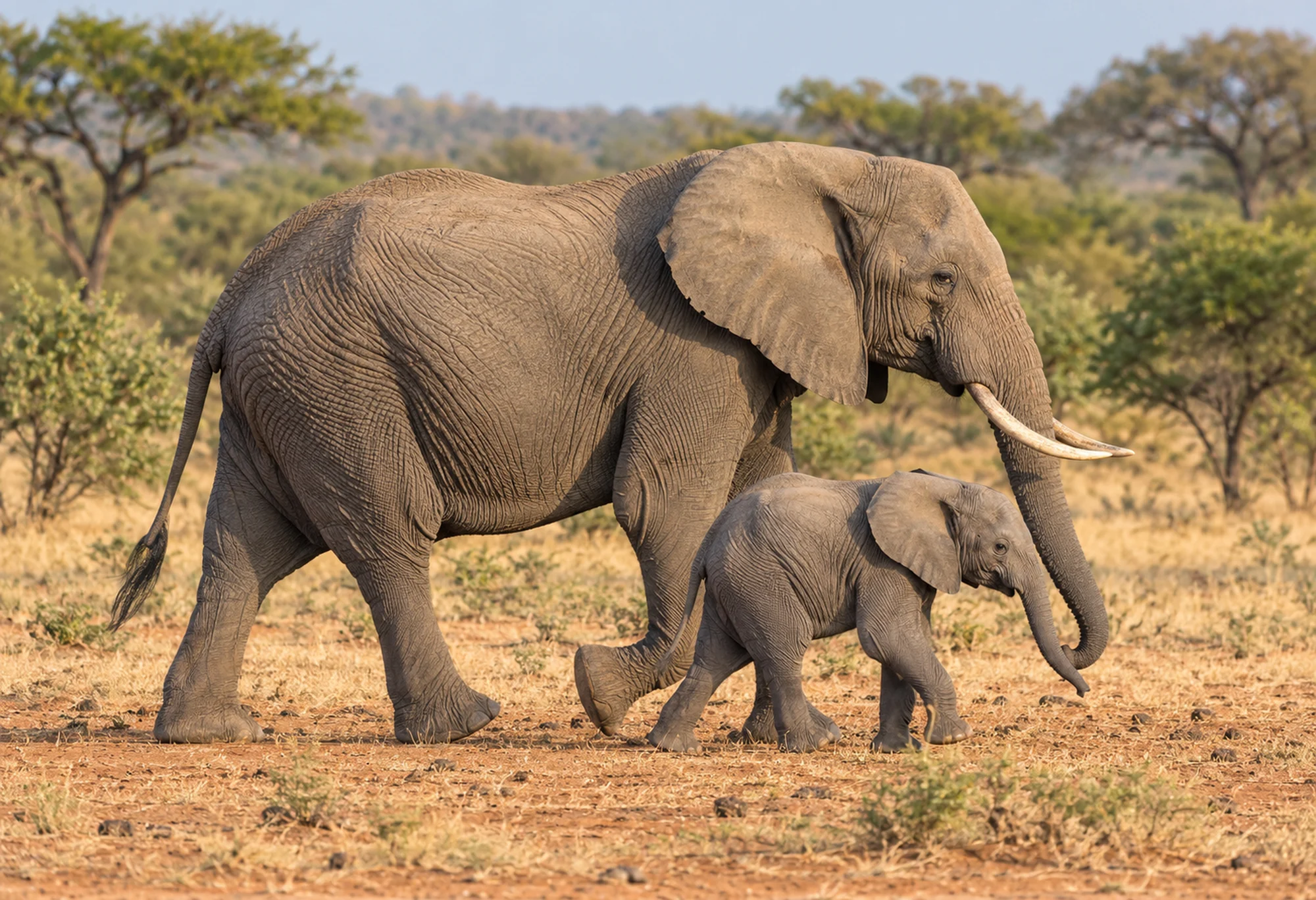 An elephant cow and calf walking through dry grass