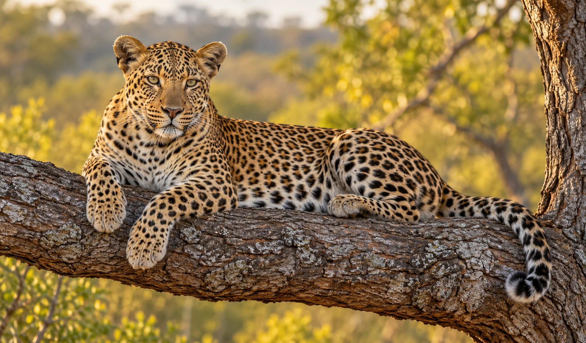 A leopard resting on a branch in golden light
