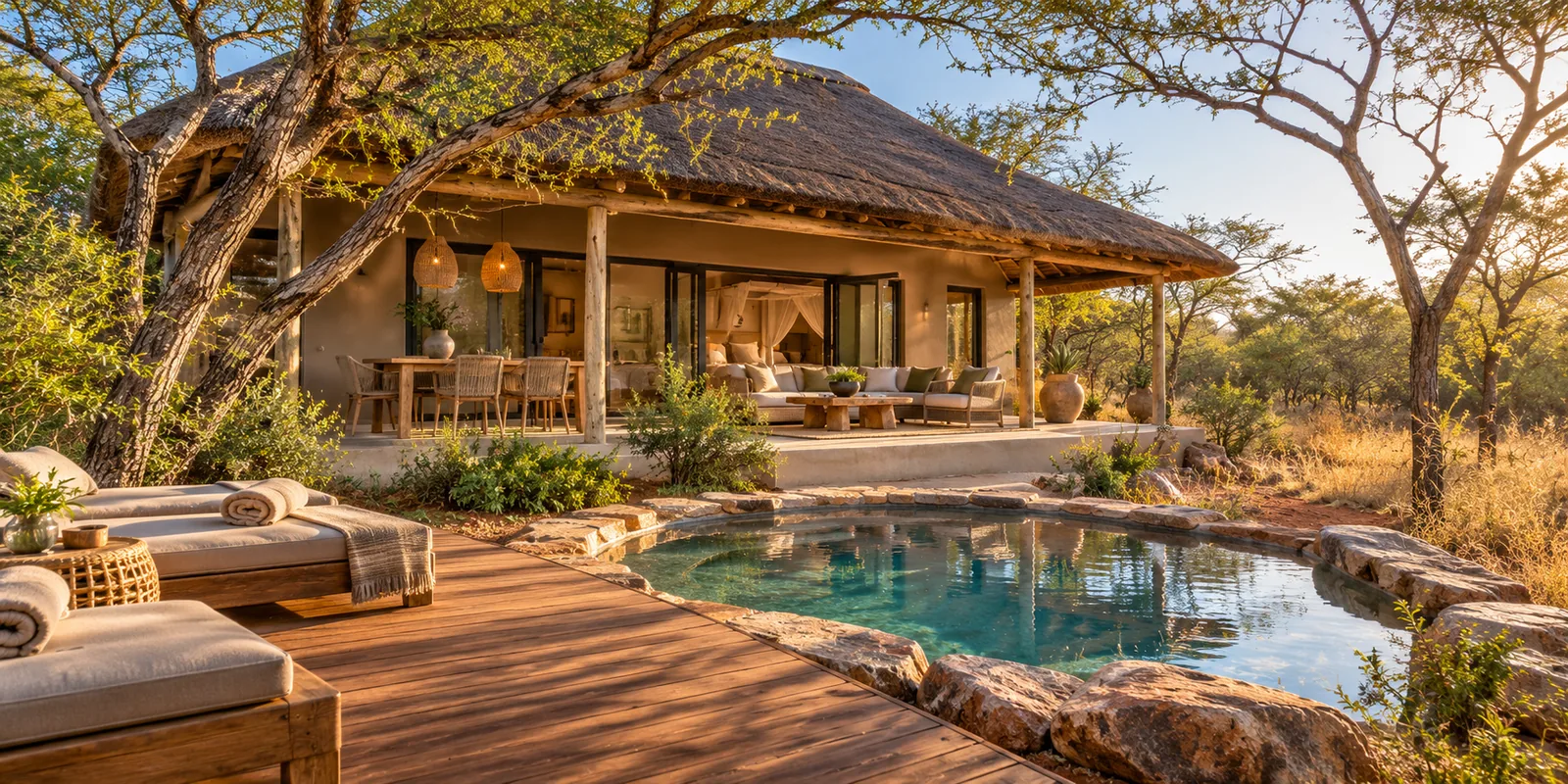 A thatched suite with a wooden deck and rock plunge pool among marula trees
